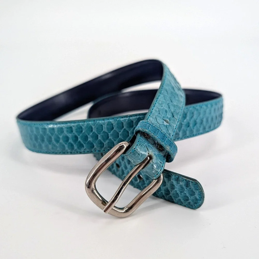 Genuine Snakeskin Belt Teal Blue Exotic Leather Brass Plated Buckle Size‎ L